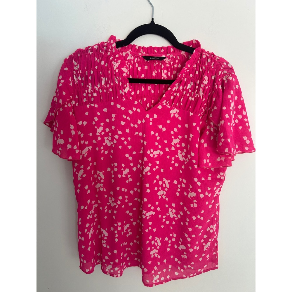 Dokotoo Hot Pink Abstract Print Flutter Sleeve Smocked V-Neck Blouse Small